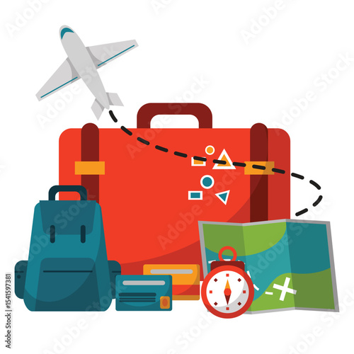Red Suitcase Travel Airplane Backpack Map Compass Cards