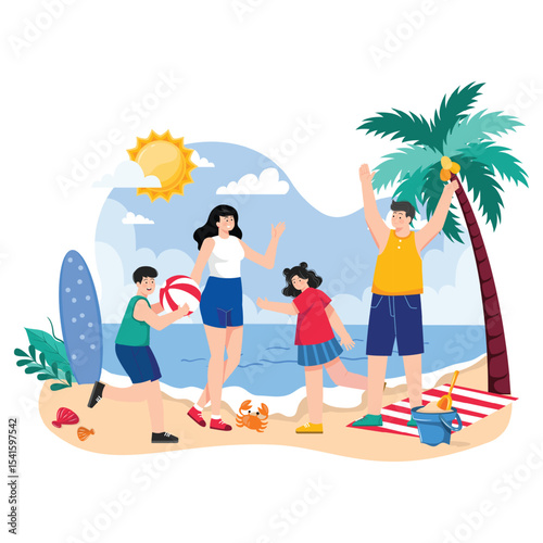 Happy Family Beach Day Summer Fun Colorful Illustration
