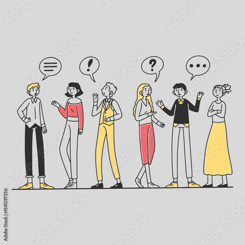 Six People Casual Conversation Diverse Group Discussion Speech Bubbles