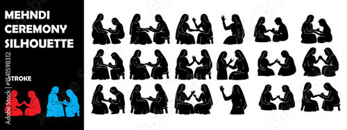 Mehndi Ceremony Silhouette Vector Set – Indian Wedding Rituals, Henna Tradition, and Festive Celebration