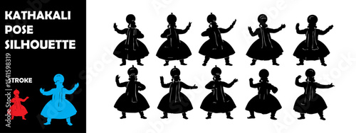 Kathakali Pose Silhouette Vector Set – Classical Dance Form, Dramatic Expression, and Traditional Costume