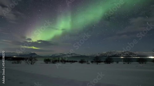 Northern Lights over snowy landscape