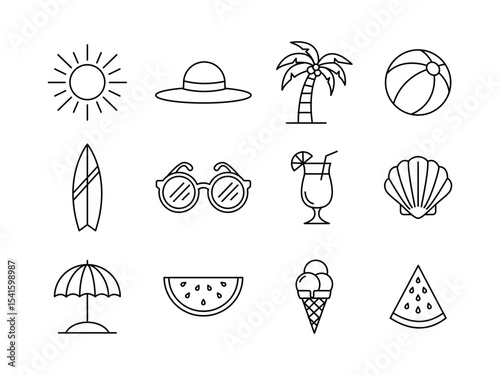 Outline Summer Beach Icon Set , Minimal Line Style Vector, Summer Vacation Icons Sun, Beach, and Fun Line Art Graphics