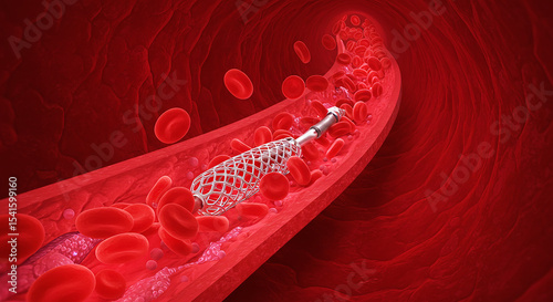 A blood vessel with red blood cells and a stent inside the vessel for medical procedure use case