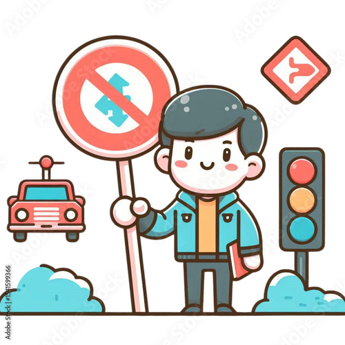 Cartoon character holding traffic sign