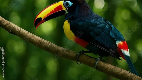 Vibrant Collared Aracari Perched on a Branch in Lush Green Tropical Forest
