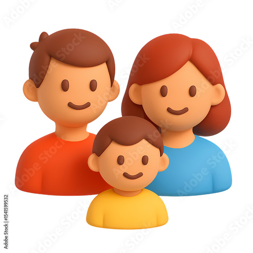 3D icon of a smiling family: mother, father, and child. Ideal for parenting, family services, community, or social apps
