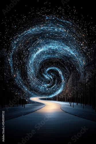 Abstract Path with Glowing Blue Spiral and Light Beams