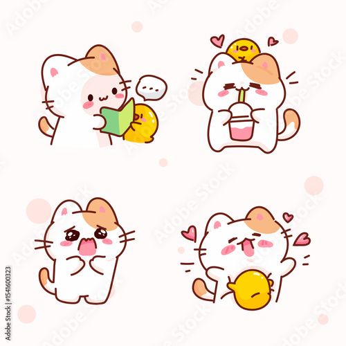 Cute Cat and Chick Cartoon in Love and Daily Moments  vector illustration