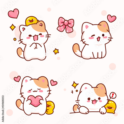 Cute Cat and Chick Cartoon with Hearts and Expressions  vector illustration