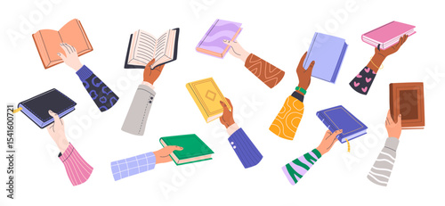 Diverse human hands holding various books. Persons with textbooks, encyclopedias or novels. Isolated illustrations for book fairs, education, book exchange, library day, and back to school themes.