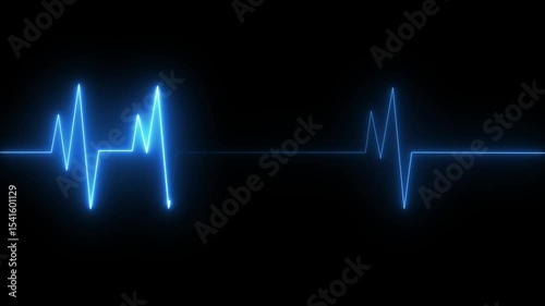 Neon Digital Heartbeat Plus Animation. Neon heartbeat on black isolated background. Cardiogram cardiograph oscilloscope screen blue
