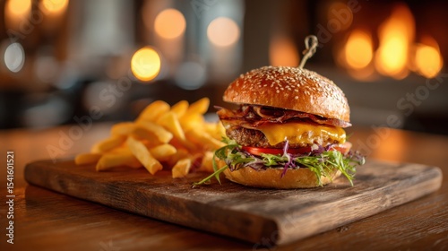 Delicious gourmet burger and crispy fries cozy restaurant food photography warm ambiance close-up culinary delight