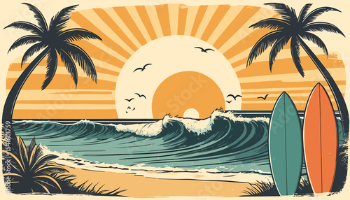 Retro Beach Scene with Surfboards and Palm Trees at Sunset in Vintage Style Illustration