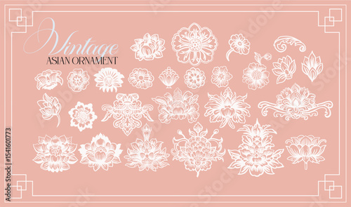 Asian, Chinese style. Set of graceful linear elements (botanical, fantasy) stylized as vintage porcelain Chinese painting. Vector digital illustrations on color background with text.