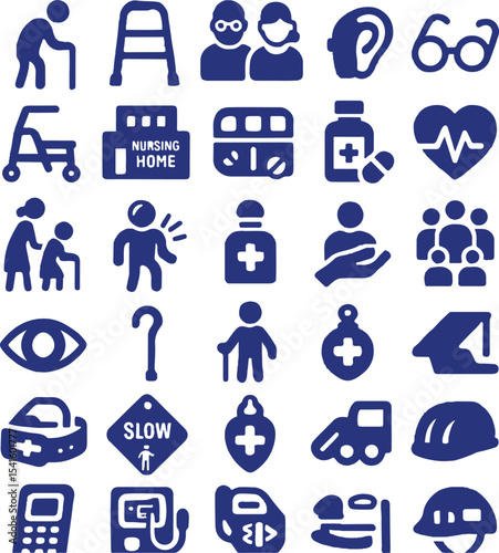 Senior care nursing home assistance medical health support elderly people icon set vector illustration