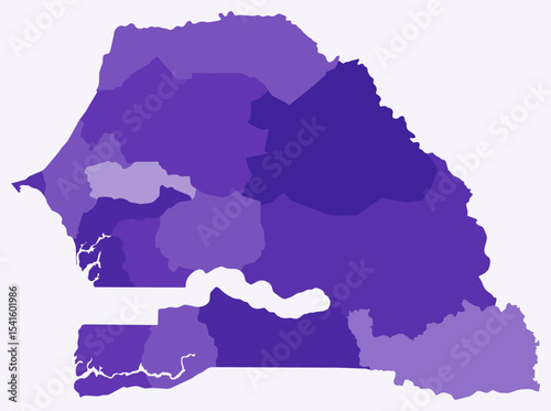 Map of Senegal with regions. Just a simple country border map with region division. Deep purple color palette. Plain Senegal shape with administrative division. Vector illustration.