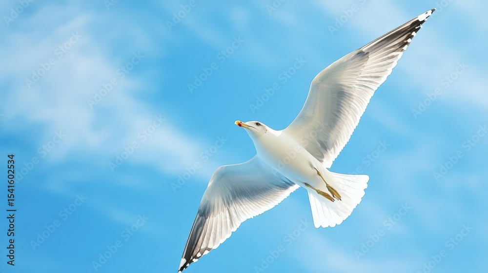 Obraz premium Seagull Soaring with Wings Fully Extended against a Blue Sky with Soft Clouds