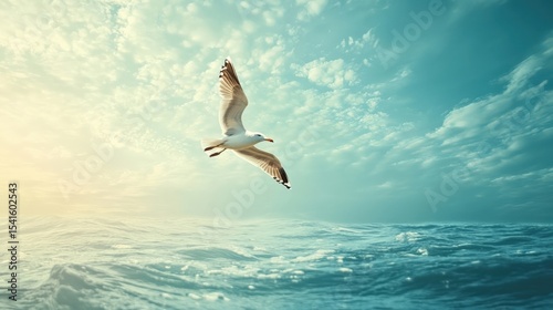 Seagull soaring over ocean with rippling water surface against cloudy blue sky