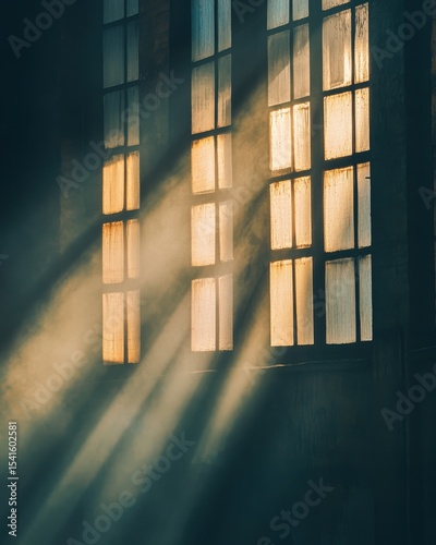 Abstract shot of light beams piercing through factory windows at dusk
