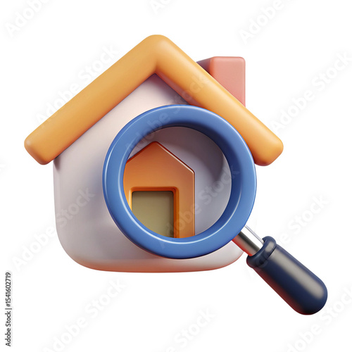 3d render house search magnifying glass icon isolated on transparent background