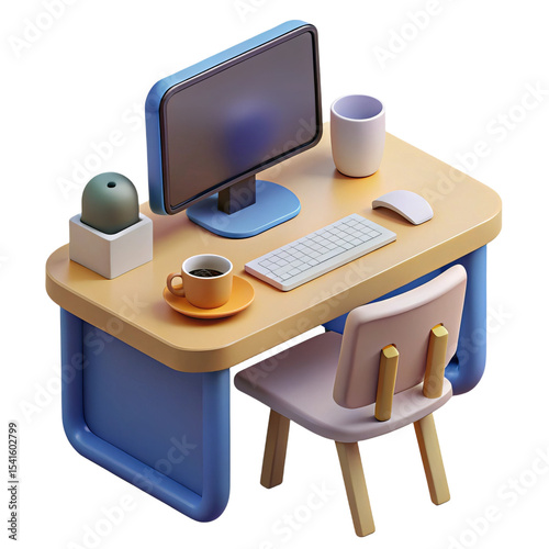 Cartoon desk setup with computer chair mug and coffee isolated on transparent background