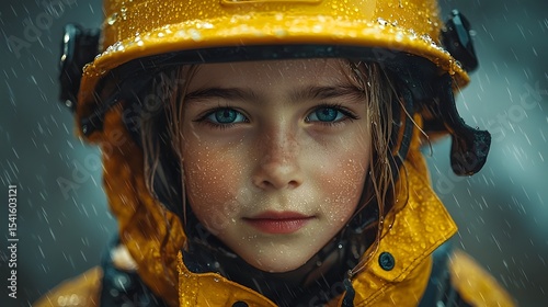 Fearless young firefighter braving the rain on a mission