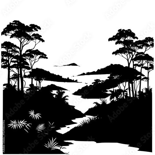 “Silhouette of hilly jungle terrain with thick vegetation