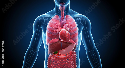 Anatomy of human internal organs. Medical 3D illustration showing heart, lungs, liver, and intestines in a blue transparent torso.