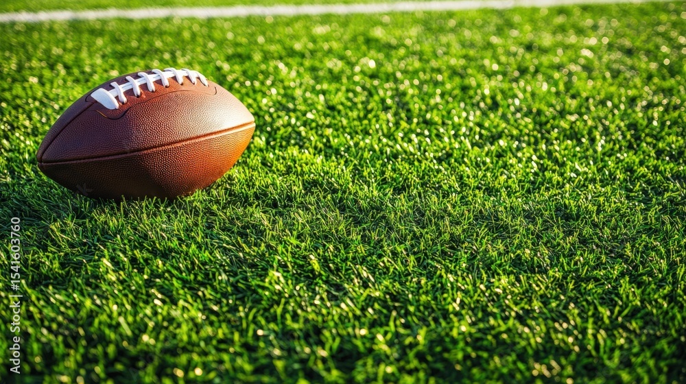 Obraz premium American football on a green sports field under sunlight with copy space