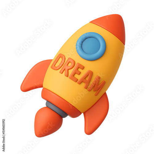 3D cartoon rocket with the word “DREAM” on the body. Perfect for creativity, aspiration, startup, or imagination-themed visuals