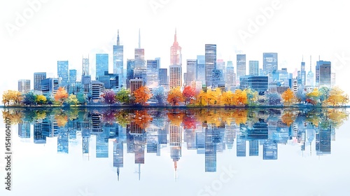 Watercolor cityscape mirrored in tranquil water