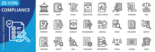 compliance icon set collection in outline style. an icon pack contain rules, policy, law, regulation, standard, audit, control