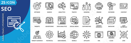 seo icon set collection in outline style. an icon pack contain ranking, keyword, traffic, analytics, search, engine, content