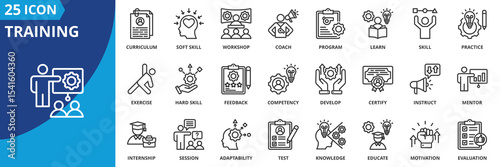 training icon set collection in outline style. an icon pack contain learn, skill, coach, practice, workshop, teach, instruct
