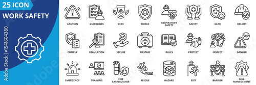 work safety icon set collection in outline style. an icon pack contain safety, helmet, caution, gear, protect, firstaid, secure
