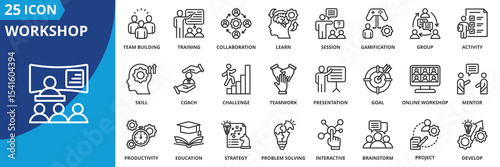 workshop icon set collection in outline style. an icon contain training, learn, session, skill, group, mentor, presentation