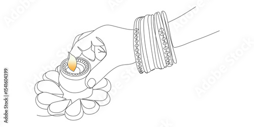 design vector line art illustration of hand holding candle for celebration of diwali festival of lights