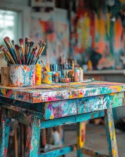 Artistic workshop with a vibrant, paint-covered workbench and brushes