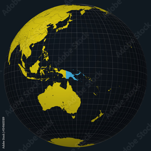 Papua New Guinea on Globe. Country view on the world map in Charcoal Bright Yellow color palette. Papua New Guinea shape on map. Globe with meridians, parallels, countries, rivers and lakes.