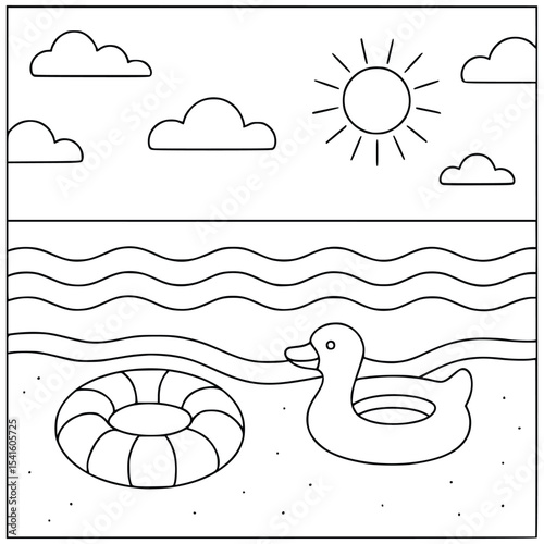 Sunny Beach Day with Floaties – Cute Summer Coloring Page