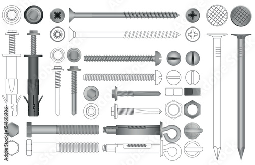Vector set of realistic and line nuts, bolts, screws and rivets