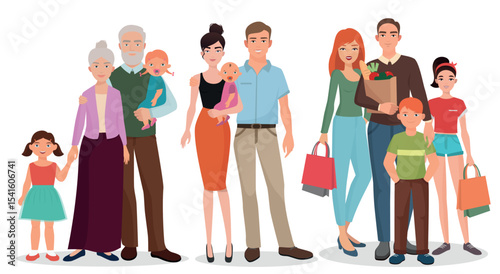 Happy family couples with baby kid set