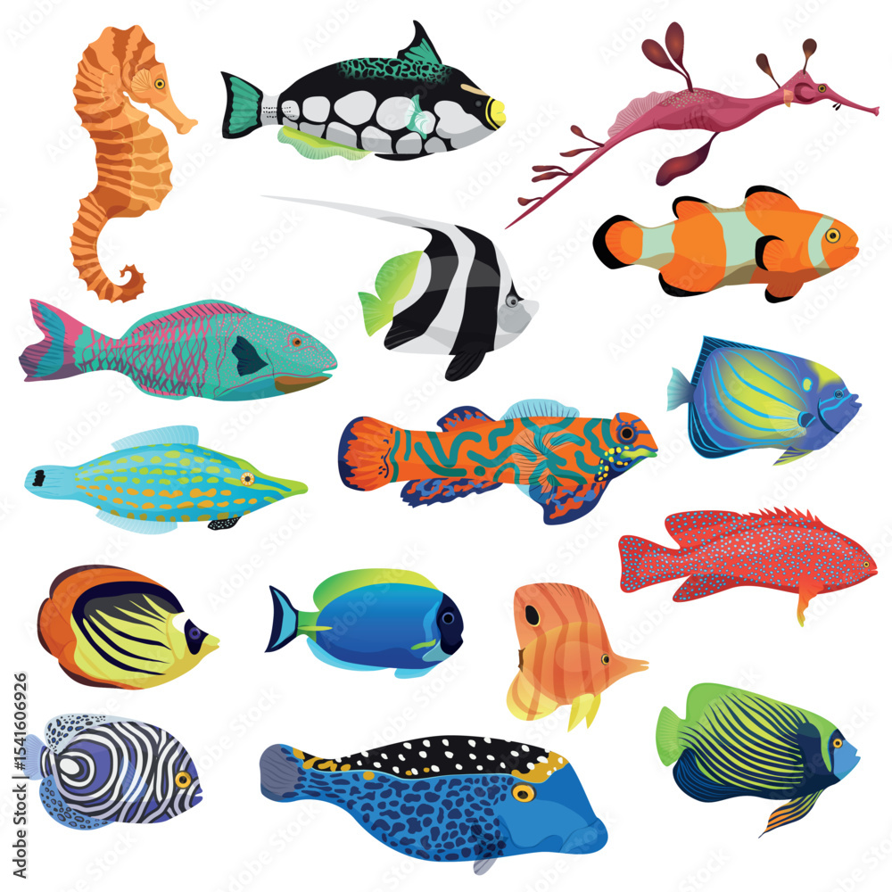 Fototapeta premium Exotic colorful tropical fish fishes collection set isolated