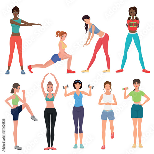 Sport fitness healthy girls set. Women in sportswear with dumbbells, barbells and fitness tools