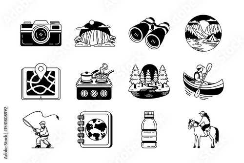 black and white illustration items of recreation and outdoor activity