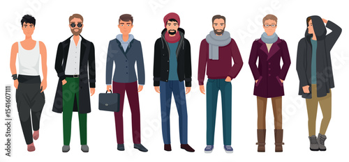 Handsome and stylish men set. Cartoon guys male characters in trendy fashion clothes. Vector illustration