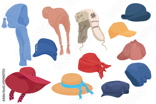 Different kind of cartoon hats set collection isolated.