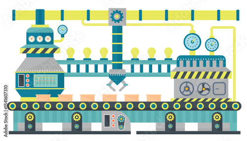 Factory conveyor industrial line packing cardboard boxes. Robotic conveyor belt system, Industrial machine, production line, engineering concept. Flat design vector illustration