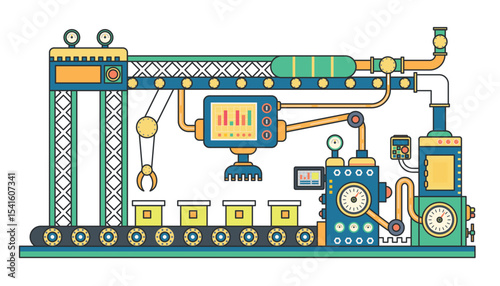 Industrial conveyor belt machine and manufacture machinery factory flat line vector illustration